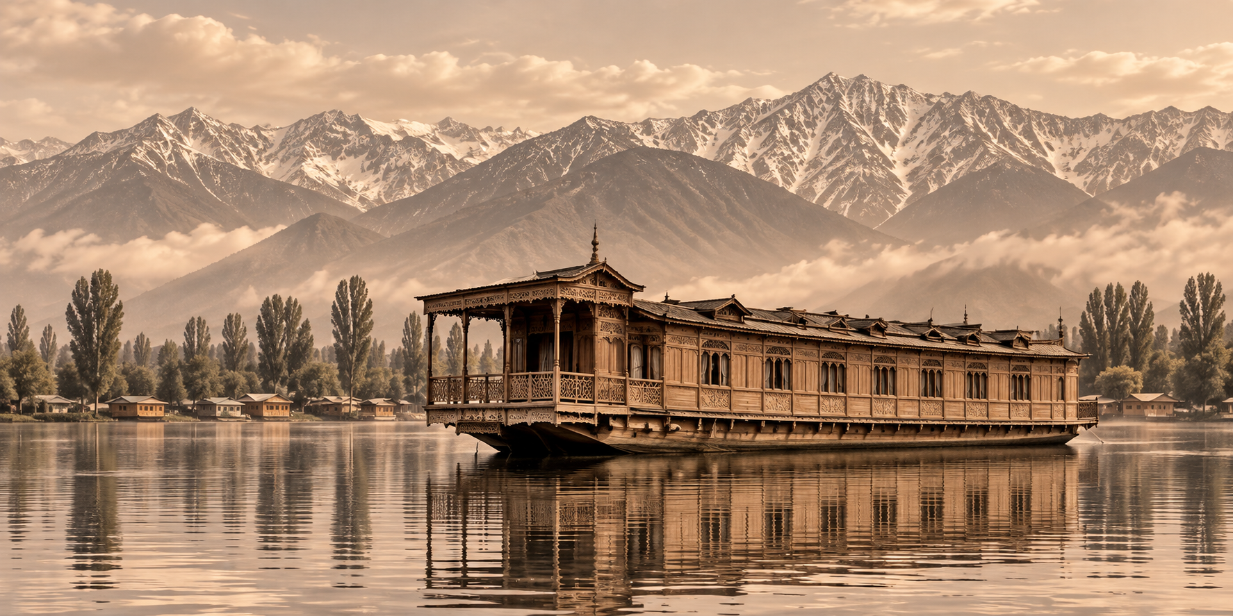Traditional Kashmiri houseboat on a lake beneath the Himalayan mountains