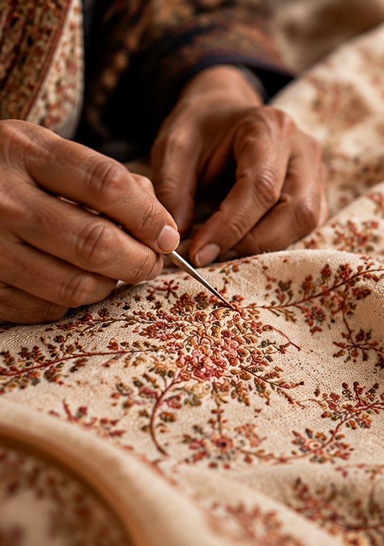 An artisan's hands carefully embroidering floral Sozni motifs onto a pale textile