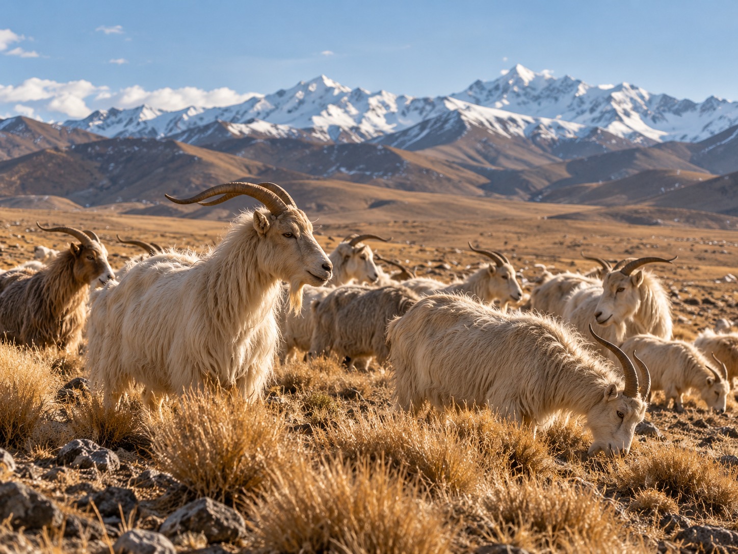 Changthangi goats grazing in the high-altitude landscape of Changthang, Ladakh