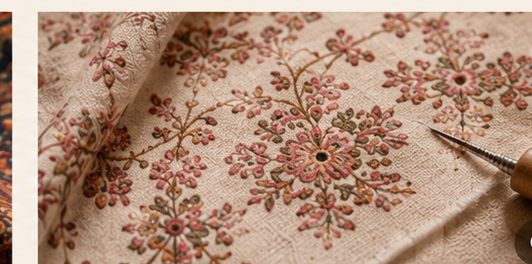 Delicate floral Sozni embroidery on a pale textile, with an embroidery needle